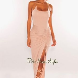 Hot Miami Styles cinch draw string slit split gold chain halter bodycon dress